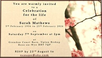 Celebration for the life of Sarah Mathews - 2pm Saturday 7th September