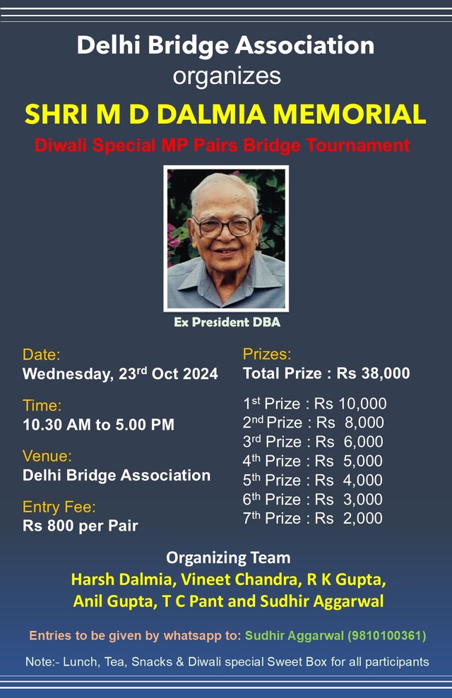 Shri M D Dalmia Memorial MP Pairs Bridge Tournament