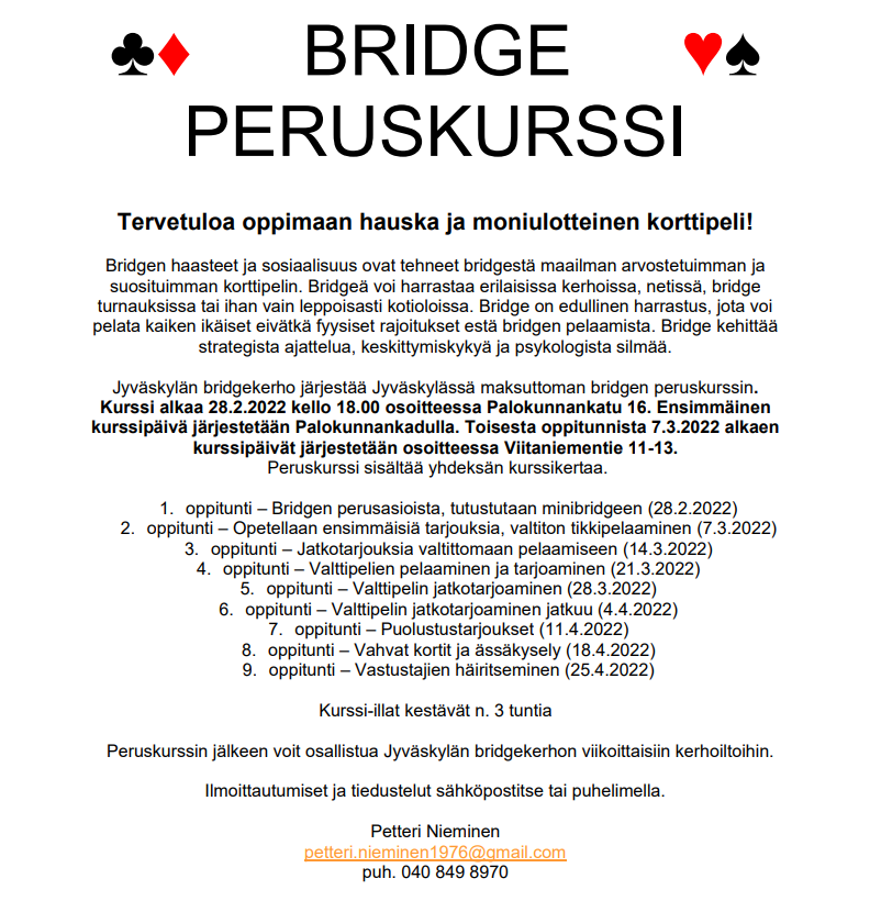 Bridgen peruskurssi alkaa Jyvskylss!