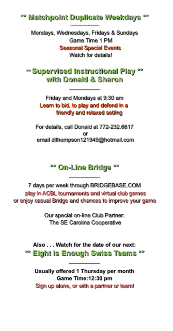 BRIDGE CENTER SCHEDULE