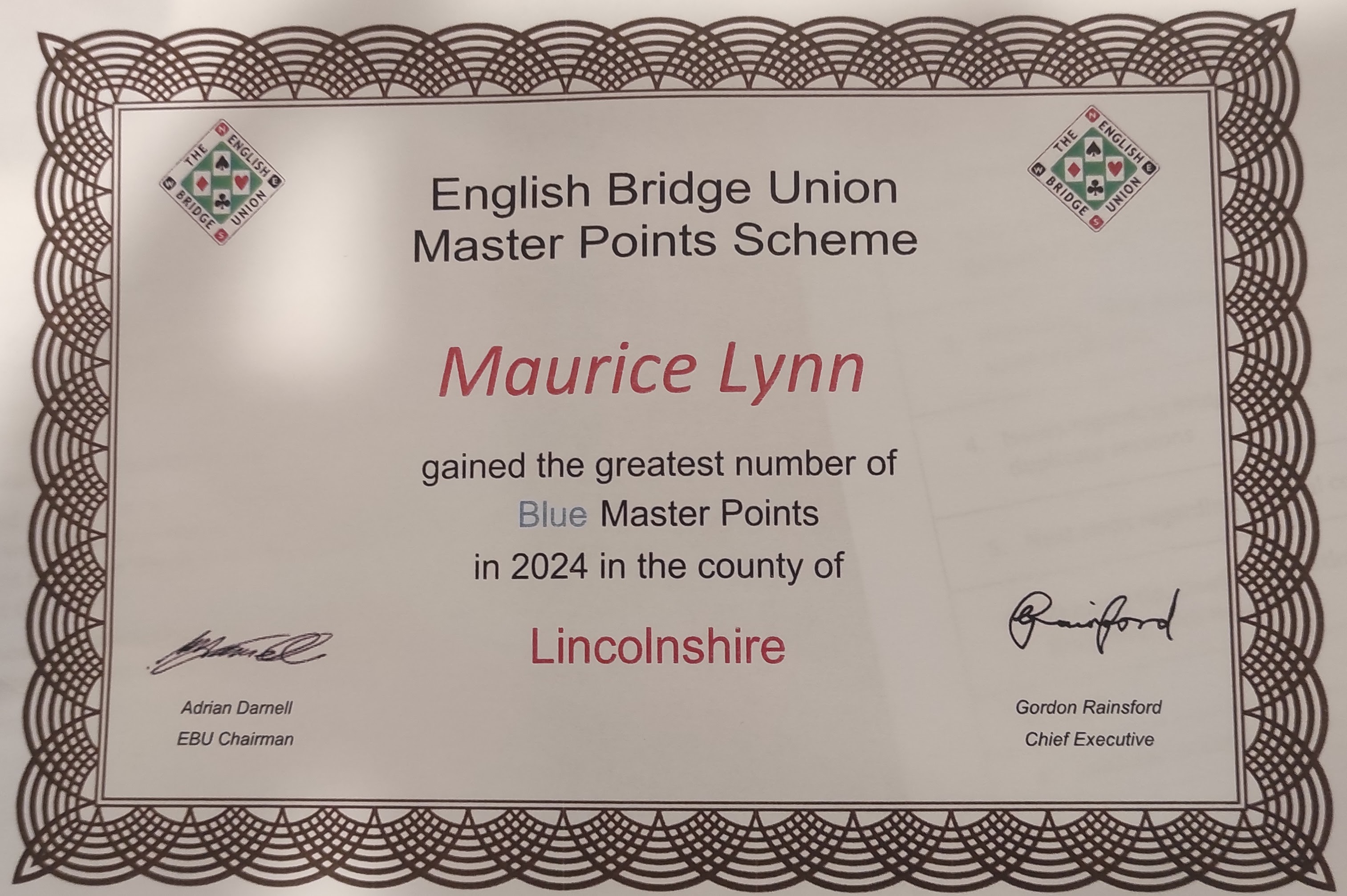 Lincoln City Bridge Club Member wins most Blue Master Points 2024 in Lincolnshire