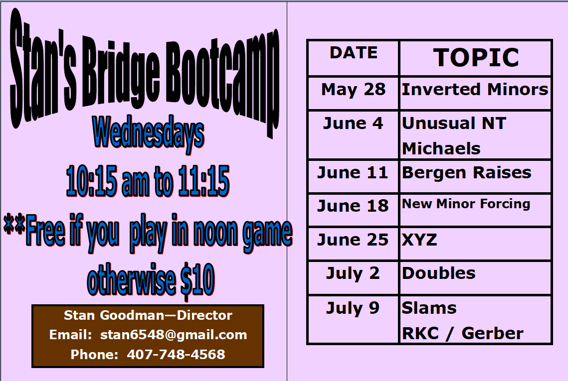 Stan's Bridge Boot Camp- every Wednesday