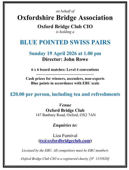 Blue Pointed Swiss Pairs - Oxford Bridge Club on 19th April 2026